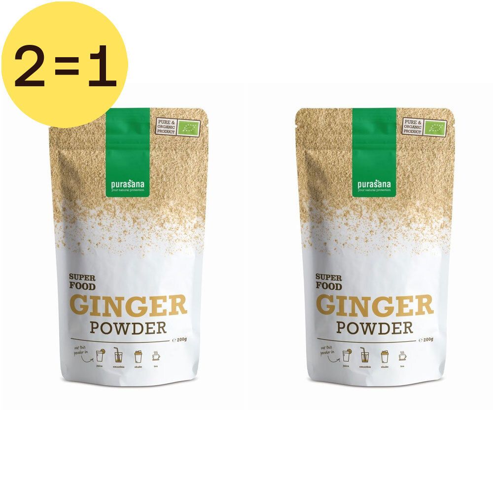 Deux sachets de Purasana® Ginger Powder. Inscription : Superfood, Ginger Powder. Label bio. Cercle jaune avec "2=1".