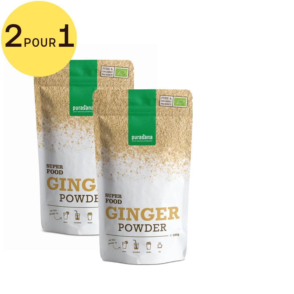 Deux sachets de Purasana® Ginger Powder. Inscription : Superfood, Ginger Powder. Label bio. Cercle jaune avec "2 POUR 1".