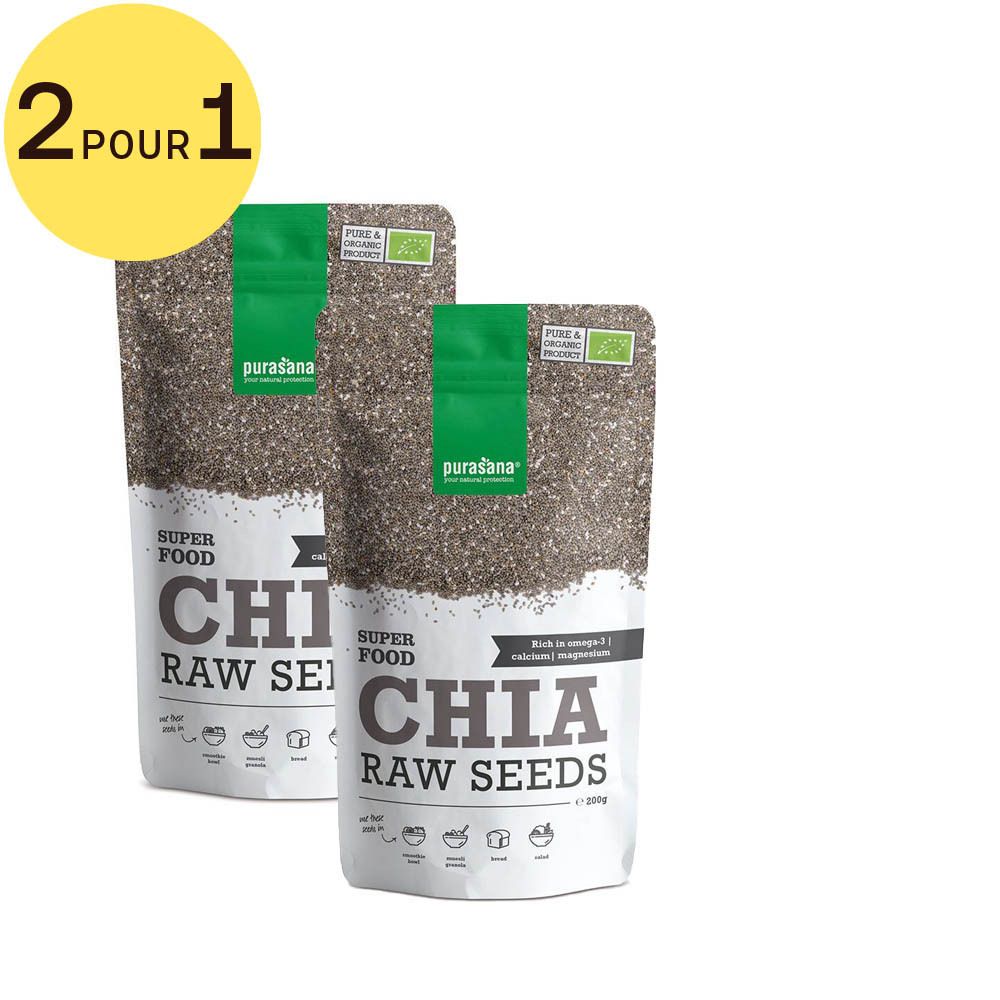 Deux sachets de graines de chia Purasana. Inscription "Chia Raw Seeds". Étiquette jaune "2 pour 1".
