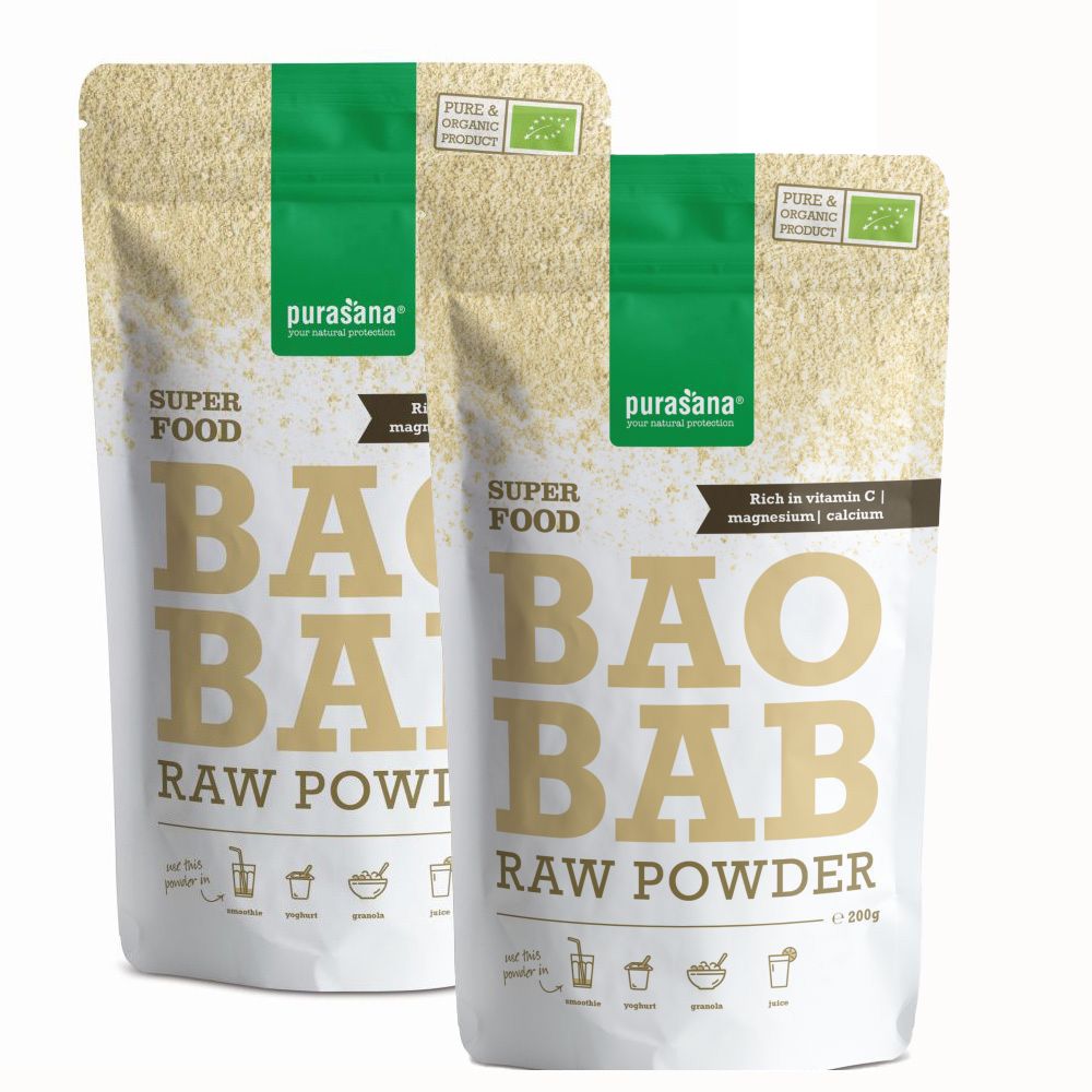 Deux sachets de poudre de Baobab Raw Purasana. Sachet blanc avec bande verte et nom du produit. Label bio.