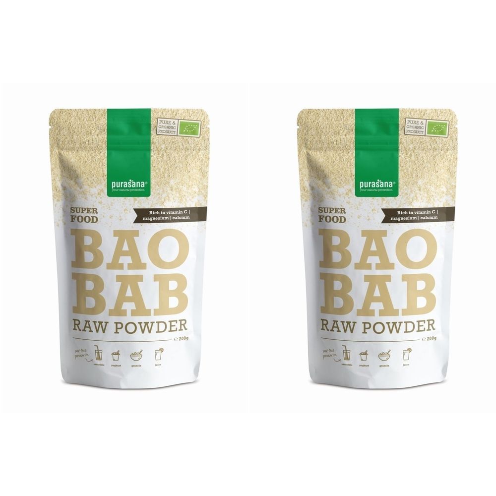 Deux sachets de poudre de Baobab Raw Purasana. Sachet blanc avec bande verte et nom du produit. Label bio.