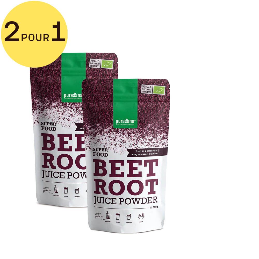 Deux sachets de poudre de jus de betterave. Inscription : Superfood, Beet Root Juice Powder. Label bio. Cercle jaune avec "2 POUR 1".