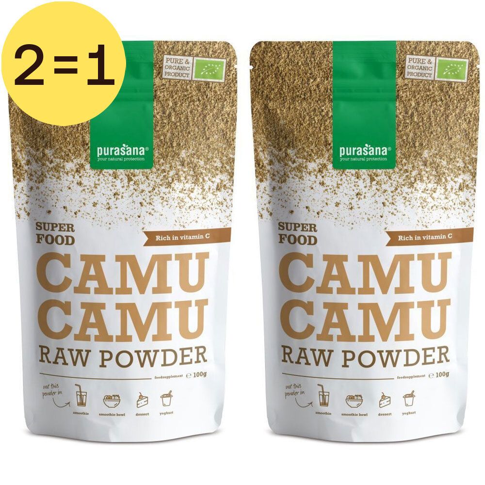 Deux sachets de poudre Purasana Camu Camu. Inscription : Superfood, Camu Camu Raw Powder. Certification bio. Cercle jaune "2=1".