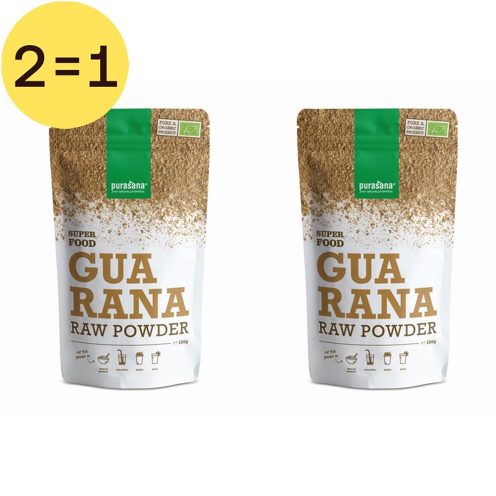 Deux sachets de Purasana Guarana Raw Powder. Certification bio. Cercle jaune avec "2=1".