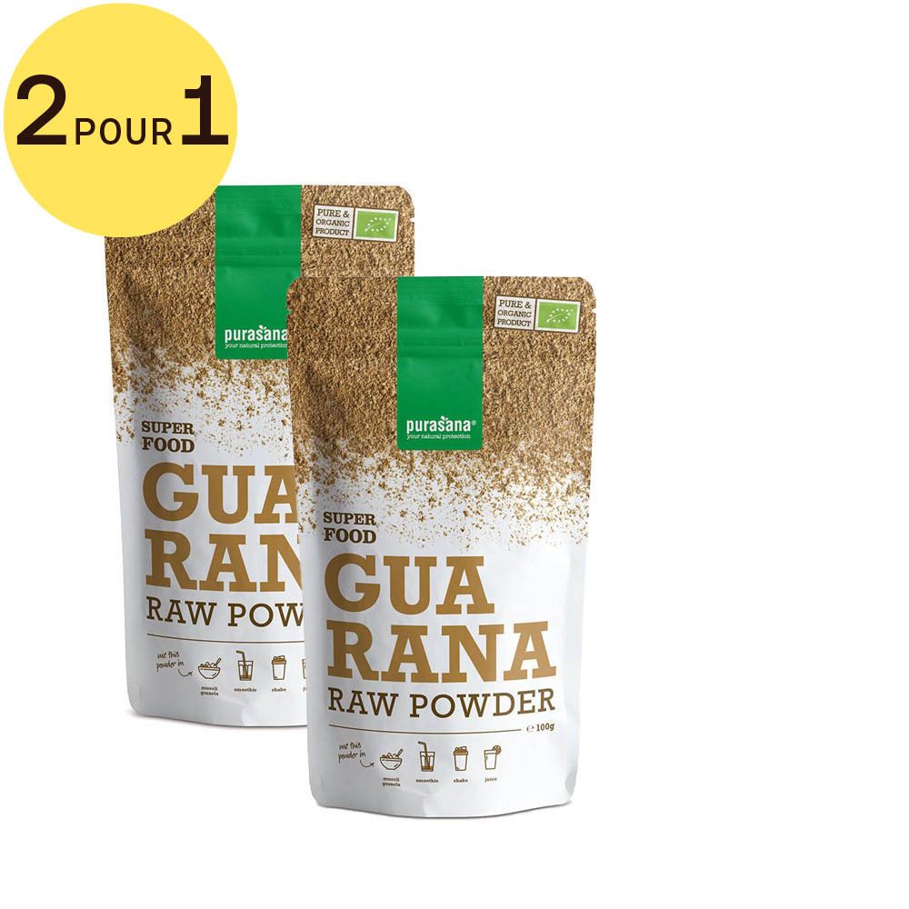 Deux sachets de Purasana Guarana Raw Powder. Certification bio. Cercle jaune avec "2 POUR 1".