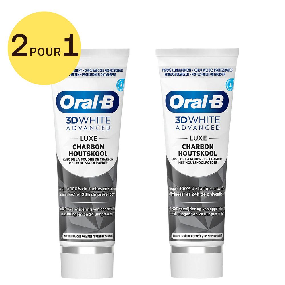 Deux tubes de dentifrice Oral-B 3D White Advanced Luxe Charbon Houtskool. Étiquette jaune '2 pour 1'.
