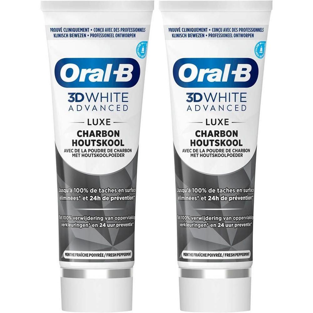 Deux tubes de dentifrice Oral-B 3D White Advanced Luxe Charbon Houtskool. Tubes blancs avec texte et logo noirs.