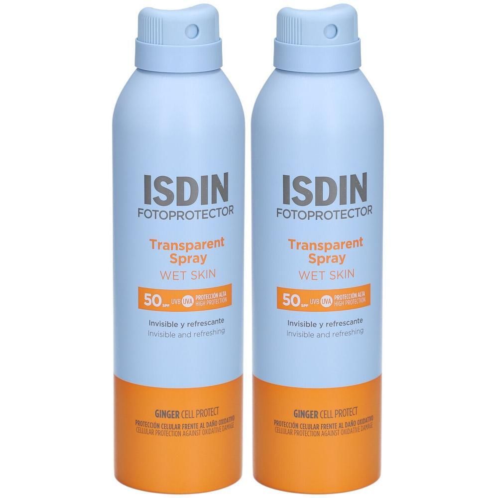 Deux sprays bleus avec base orange. Inscription: ISDIN Fotoprotector Transparent Spray Wet Skin SPF 50.
