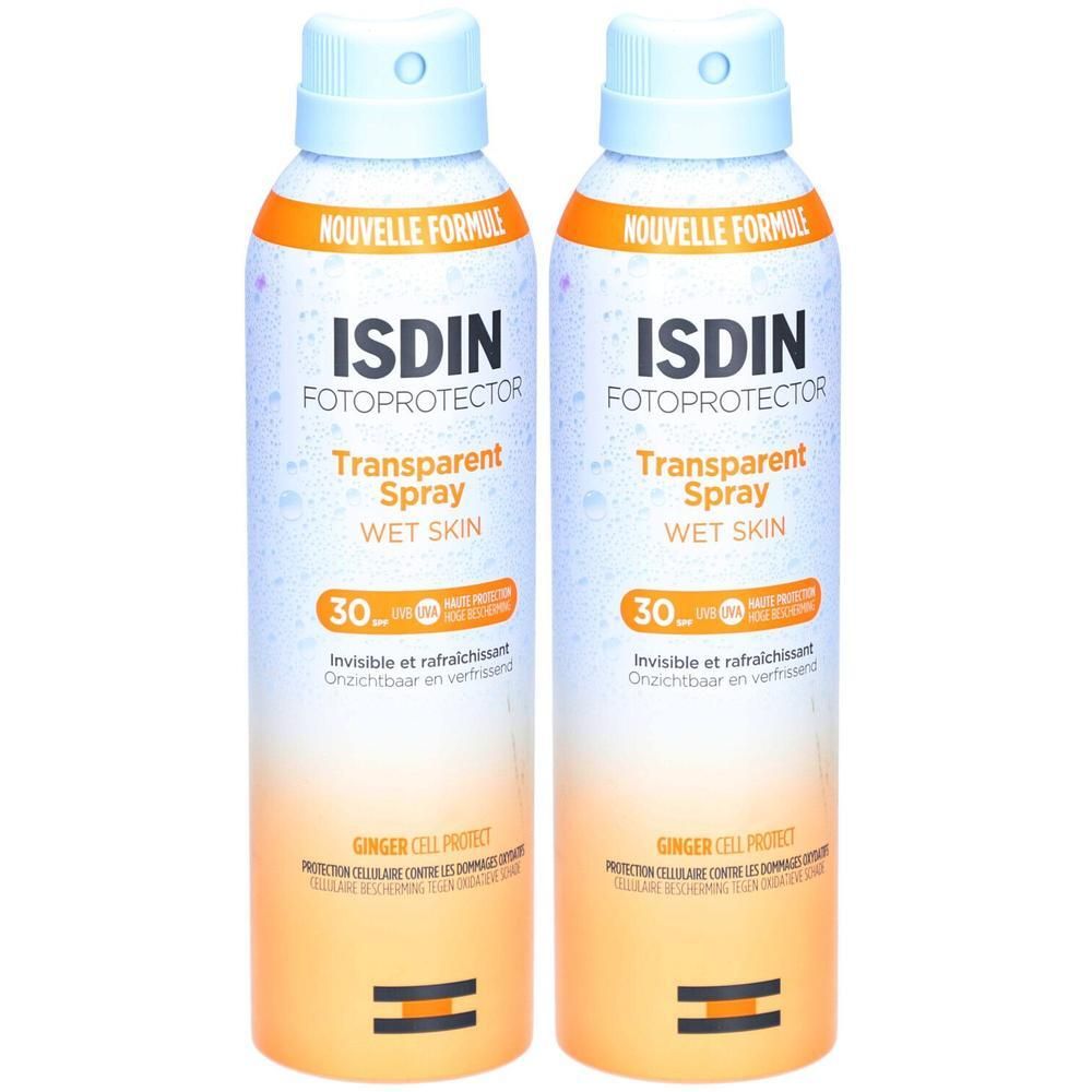 Deux sprays ISDIN Fotoprotector Transparent Spray Wet Skin SPF 30. Bouteilles blanches avec bouchons bleus, étiquettes oranges.