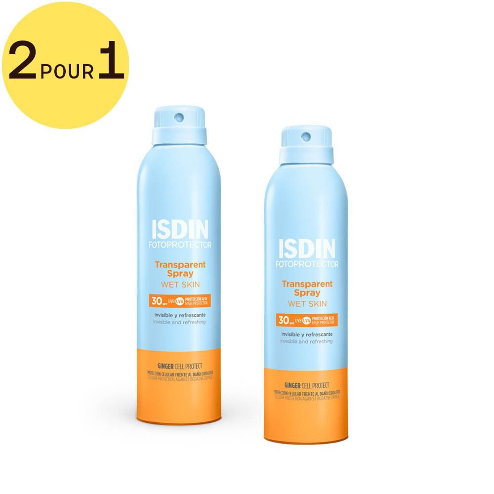 Deux sprays ISDIN Fotoprotector Transparent Spray Wet Skin SPF 30. Bouteilles bleues avec étiquettes oranges. Autocollant : 2 pour 1.