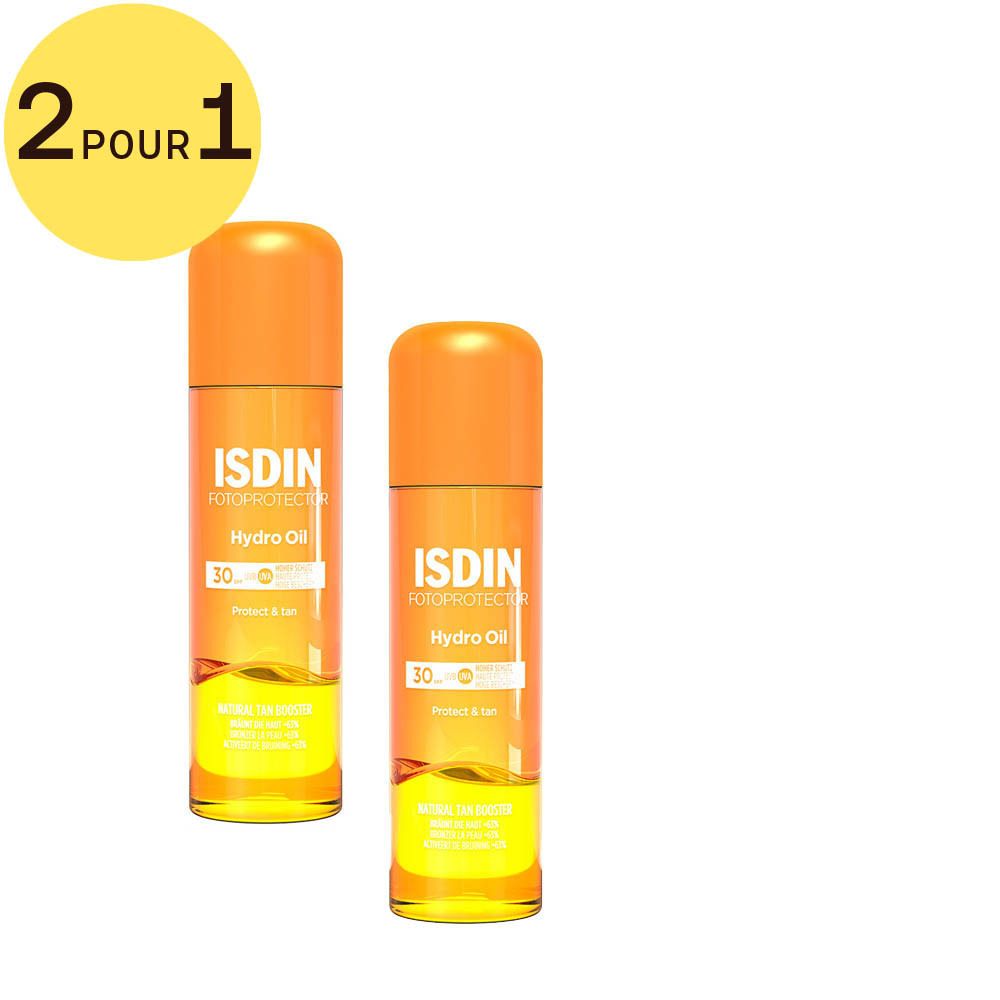 Deux flacons ISDIN Fotoprotector Hydro Oil SPF30. Cercle jaune avec '2 pour 1'. Bouchons orange, contenants transparents.