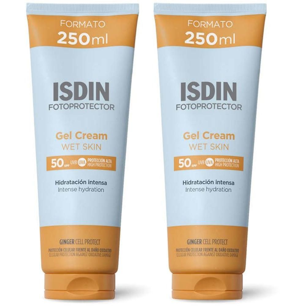 Deux tubes ISDIN Fotoprotector Gel Cream Wet Skin 50. Design orange et blanc, 250ml.