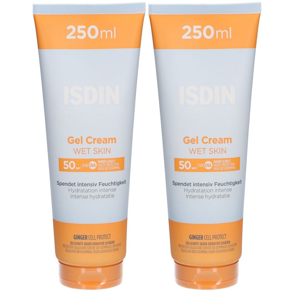 Deux tubes ISDIN Fotoprotector Gel Cream Wet Skin 50. Design orange et blanc, 250ml.