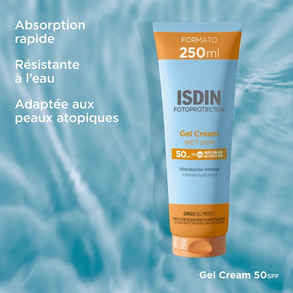 Tube ISDIN Fotoprotector Gel Cream Wet Skin 50, 250ml. Texte : Absorption rapide, Résistante à l'eau.