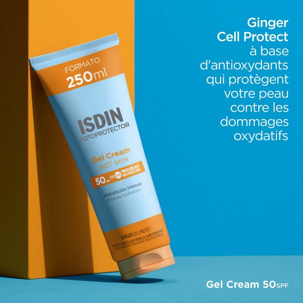 Tube ISDIN Fotoprotector Gel Cream Wet Skin 50, 250ml. Texte : Ginger Cell Protect.