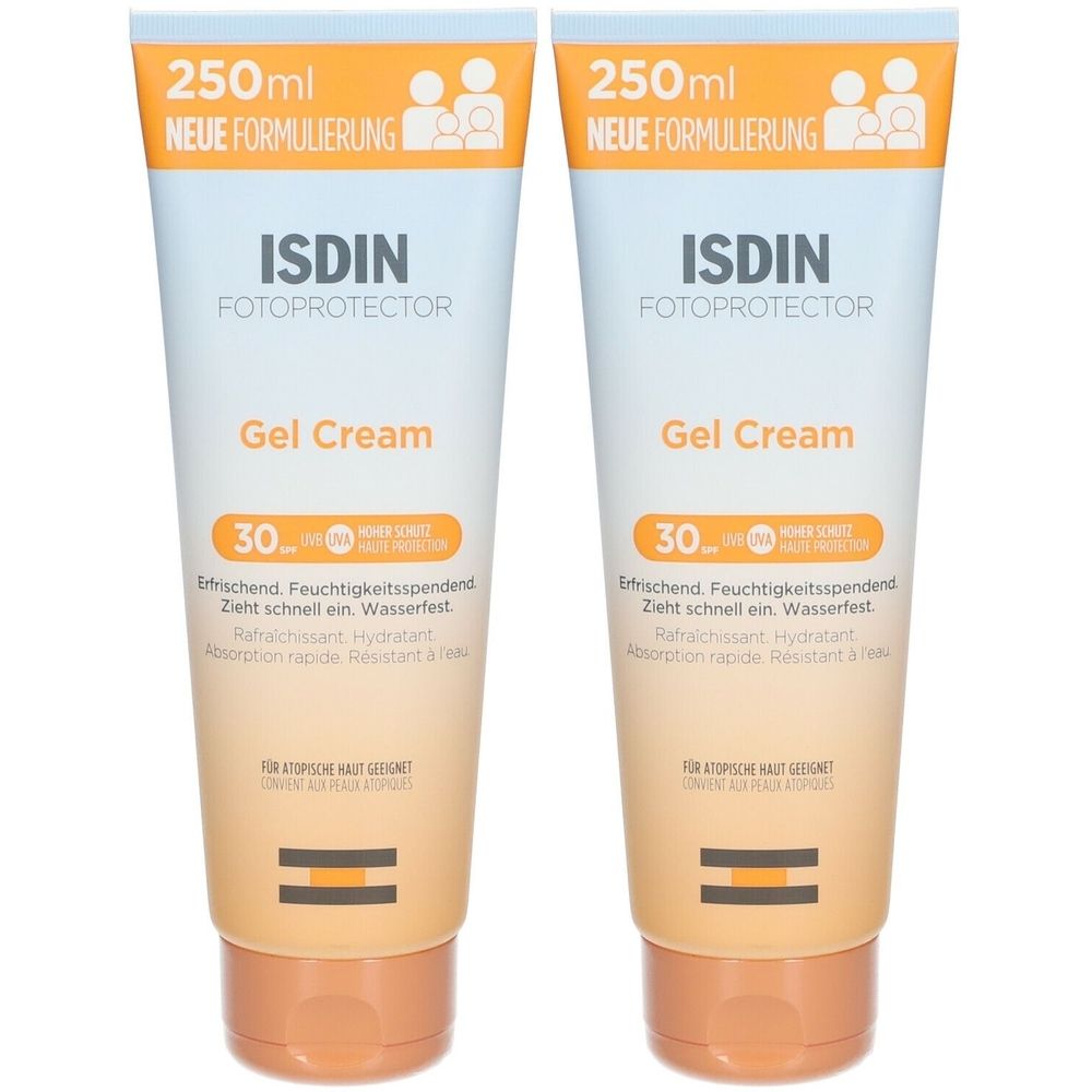 Deux tubes de ISDIN Fotoprotector Gel Cream SPF30. Design orange et blanc. Texte: 250ml, Nouvelle formulation, Gel Cream, résistant à l'eau.