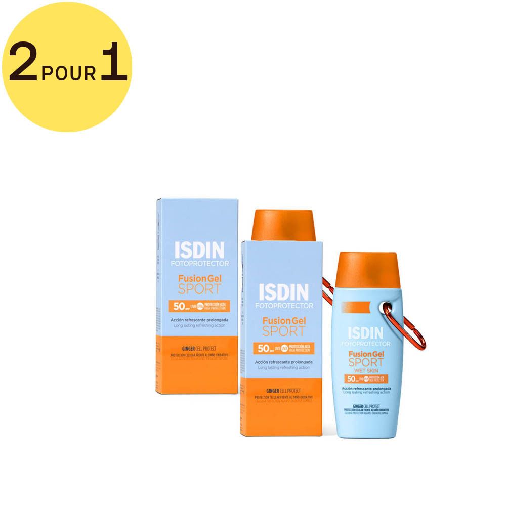 Emballage produit avec deux boîtes et un flacon. Inscription: ISDIN Fotoprotector Fusion Gel Sport SPF50. Avec offre.