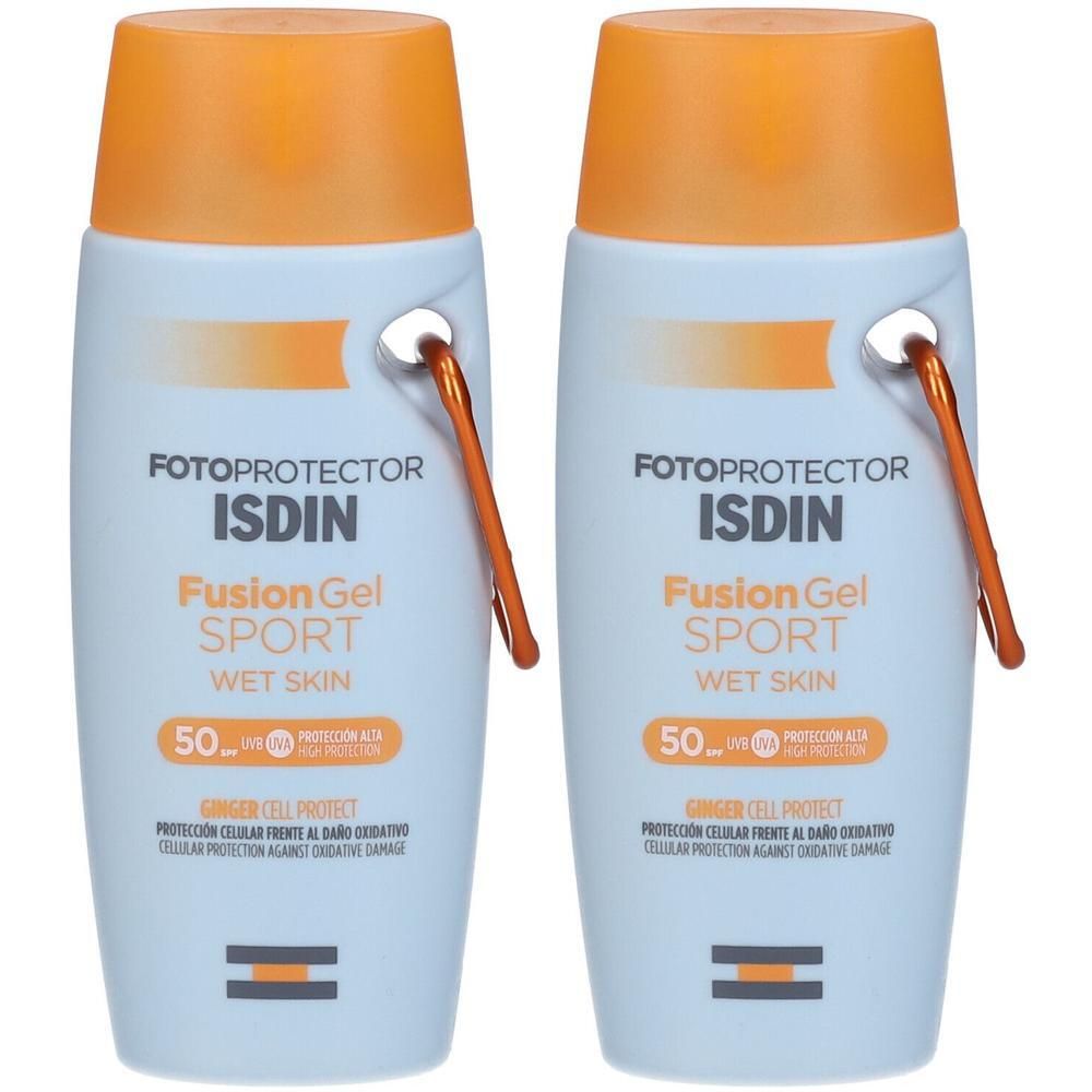 Deux flacons avec bouchons orange. Inscription: ISDIN Fotoprotector Fusion Gel Sport Wet Skin SPF50. Avec mousqueton.