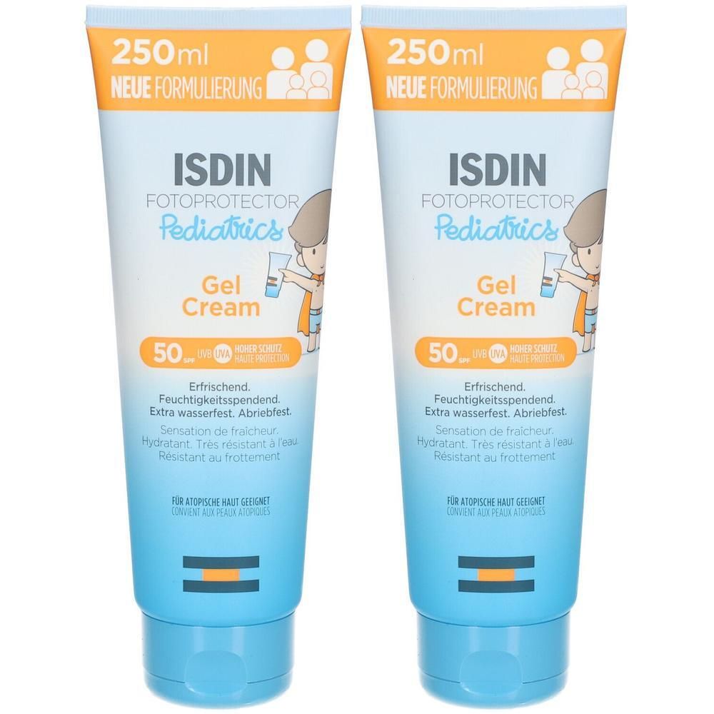 Deux tubes de ISDIN Fotoprotector Pediatrics Gel Cream SPF 50. Tubes bleus avec texte blanc. 250ml. Nouvelle formulation.
