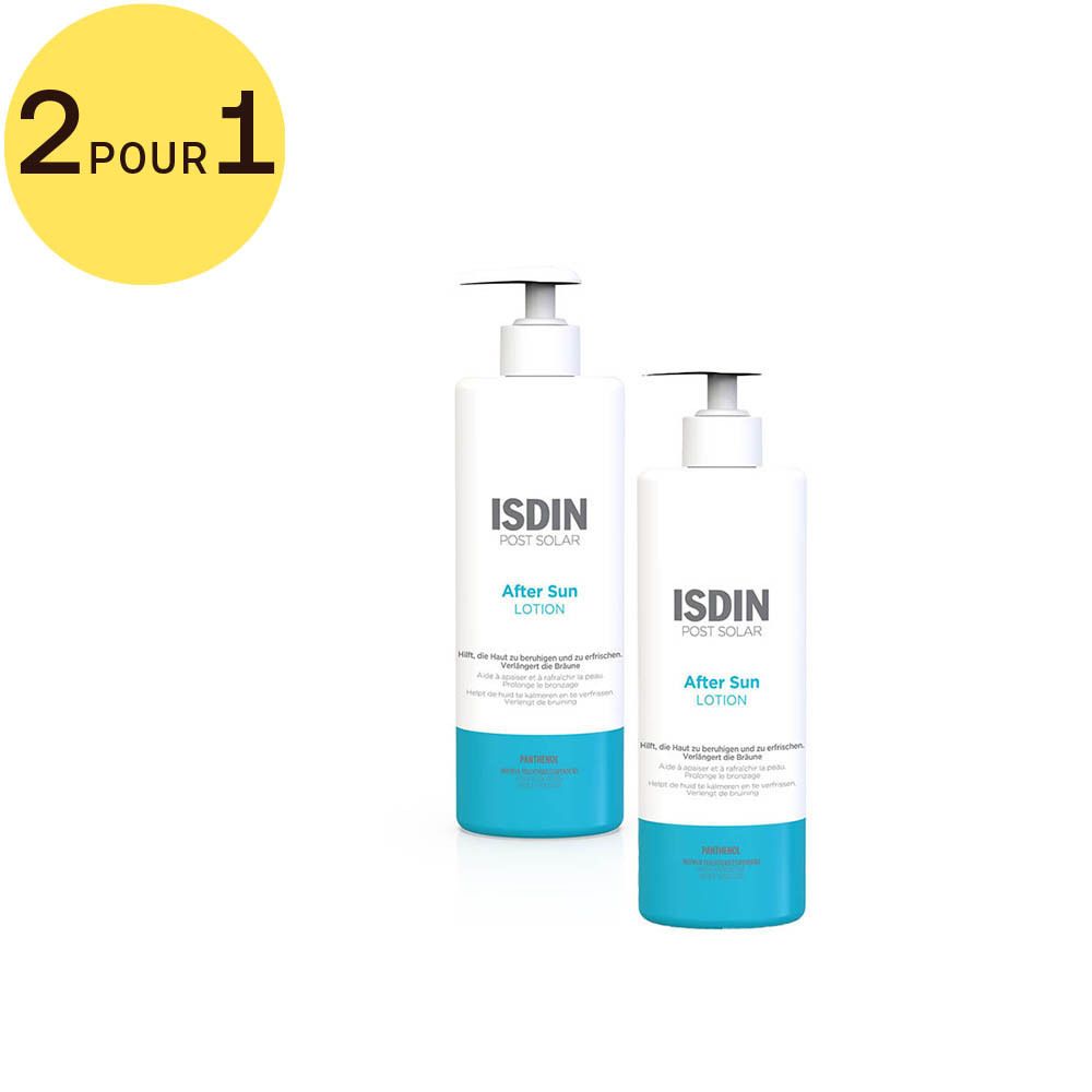 Deux flacons de lotion après-soleil ISDIN Post-Solar. Étiquette ronde jaune avec l'inscription '2 POUR 1'.