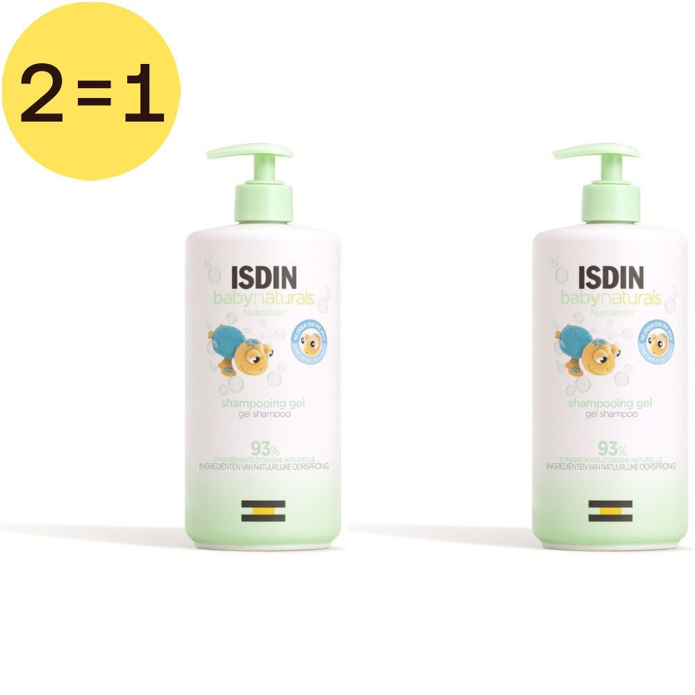 Deux flacons de Shampooing Gel 2 en 1 Isdin Babynaturals. Flacons blancs avec pompes vertes. Inscription: ISDIN baby naturals.