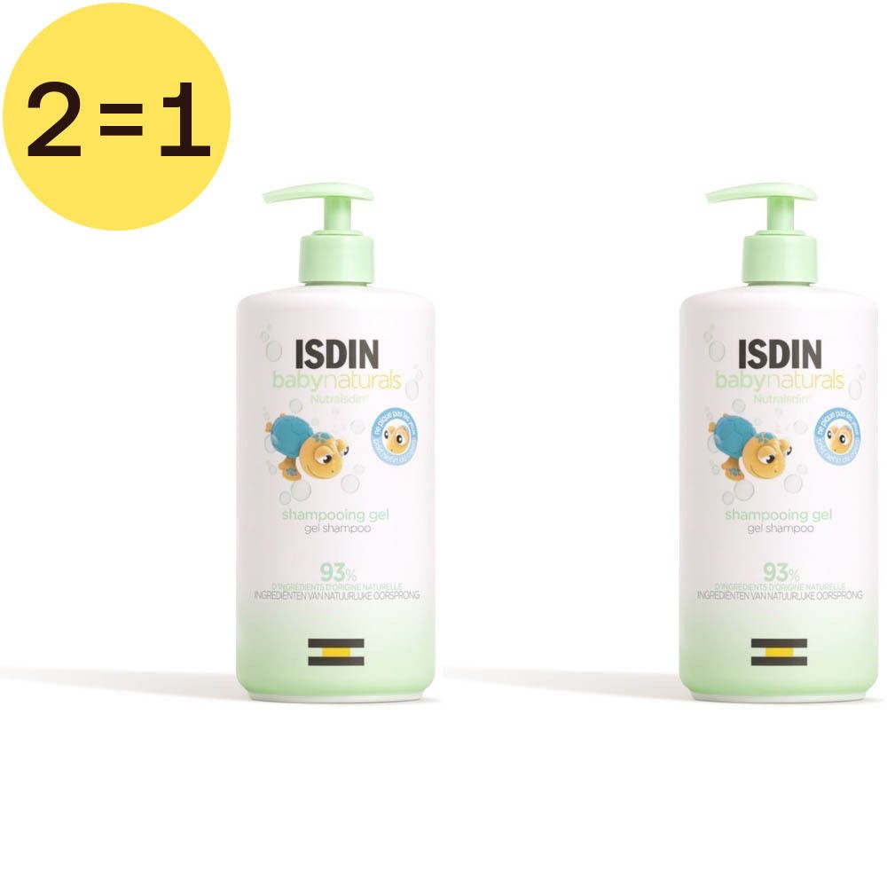 Deux flacons de Shampooing Gel 2 en 1 Isdin Babynaturals. Flacons blancs avec pompes vertes. Inscription: ISDIN baby naturals.