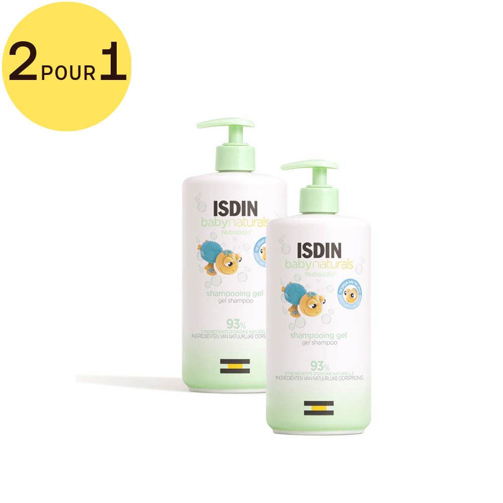 Deux flacons de Shampooing Gel 2 en 1 Isdin Babynaturals. Flacons blancs avec pompes vertes. Inscription: ISDIN baby naturals.