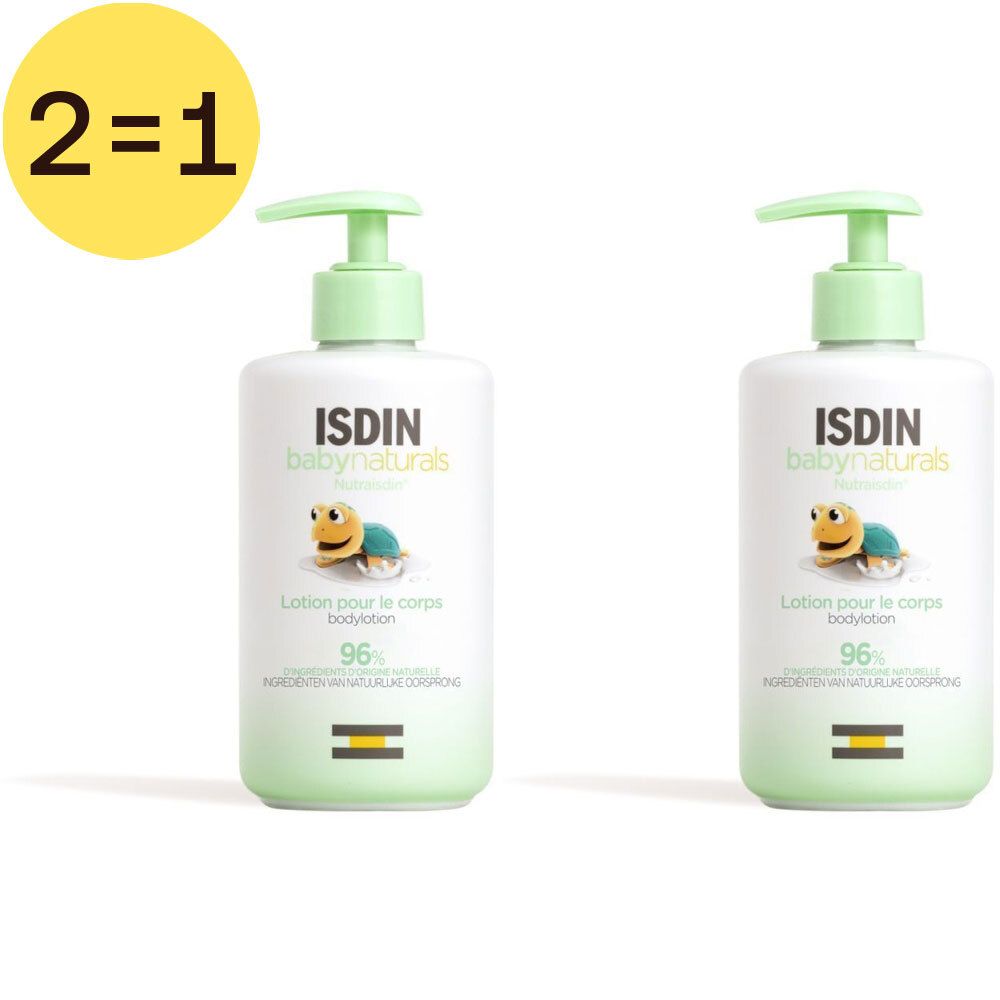 Deux flacons de lotion avec pompes vertes. Inscription: ISDIN Babynaturals, Lotion pour le corps, 96%. Cercle jaune: 2=1.