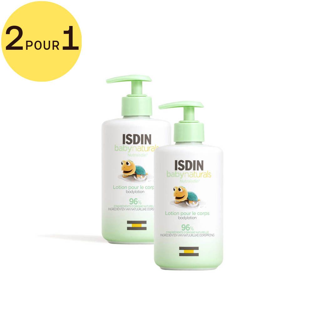 Deux flacons de lotion avec pompes vertes. Inscription: ISDIN Babynaturals, Lotion pour le corps, 96%. Cercle jaune: 2 POUR 1.