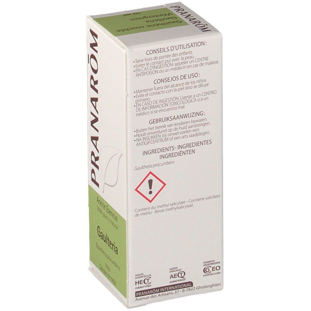 Arrière d'un emballage d'huile essentielle de Gaulthérie couchée PRANAROM avec conseils d'utilisation.
