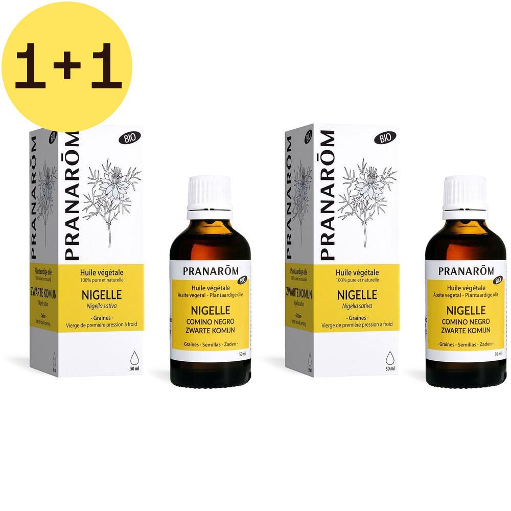 Deux emballages avec nom du produit et label bio. Cercle jaune avec texte '2 pour 1'.