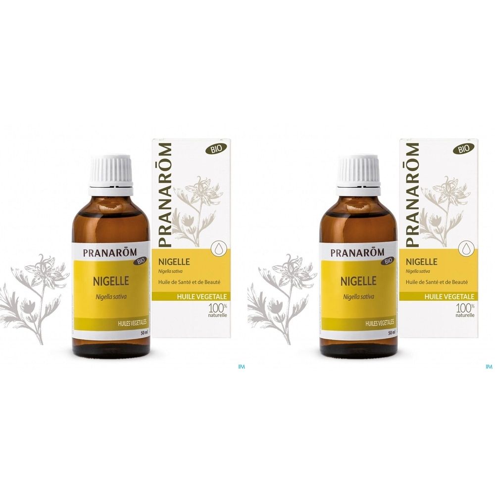 Deux flacons et emballages. Flacons avec bouchon blanc et étiquette jaune. Emballages avec nom du produit et label bio.