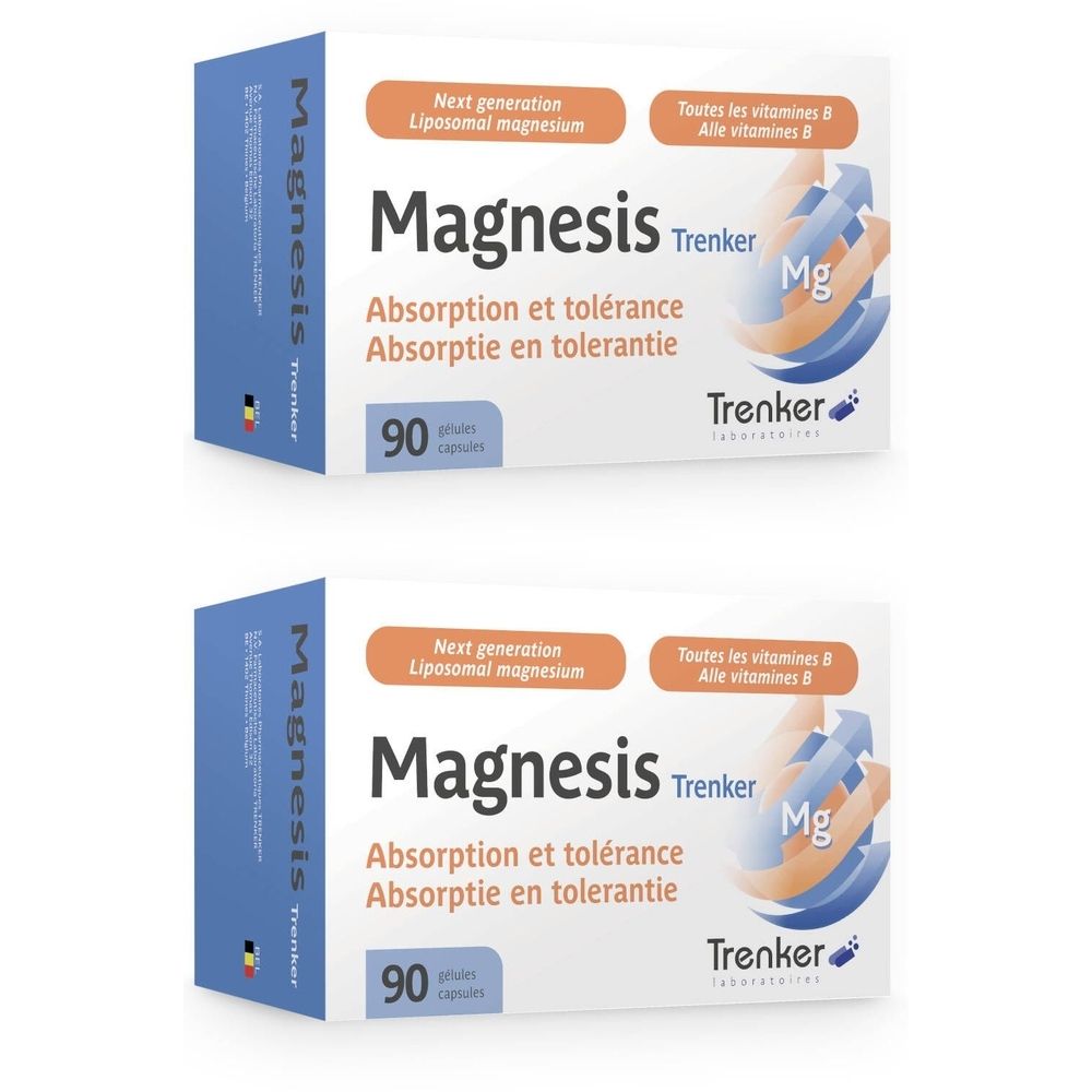 Deux boîtes de Magnesis, blanches avec texte bleu et orange. Inscription: 90 gélules, Trenker Laboratories.