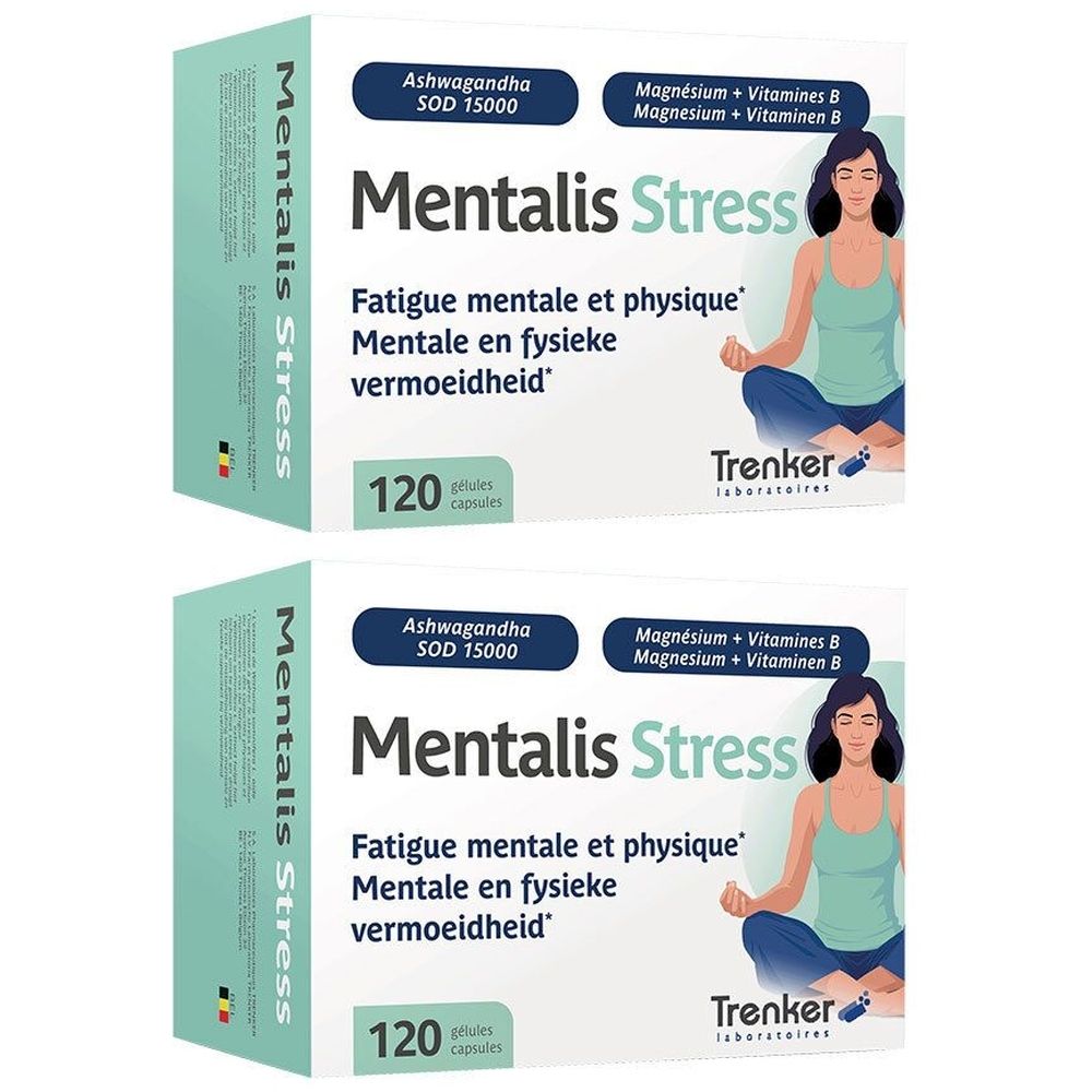 Deux boîtes de Mentalis Stress. Inscription: Ashwagandha, Magnésium + Vitamines B, 120 gélules. Image d'une femme.