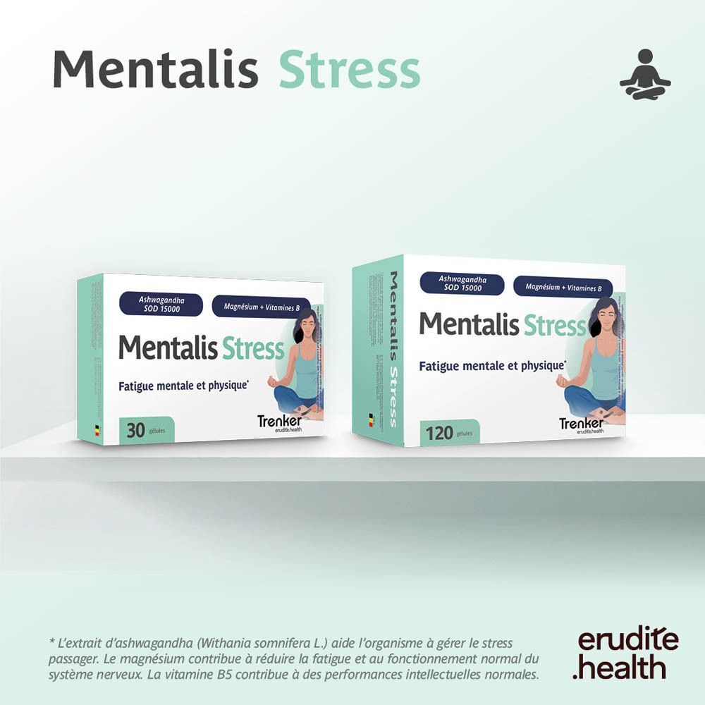 Deux boîtes de Mentalis Stress (30 et 120 gélules) sur une étagère. Contient Ashwagandha, Magnésium, Vitamines B.