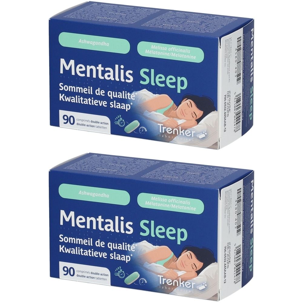 Deux boîtes bleues avec "Mentalis Sleep". Chaque boîte montre une personne endormie. Avec un autocollant "1+1 GRATUIT".