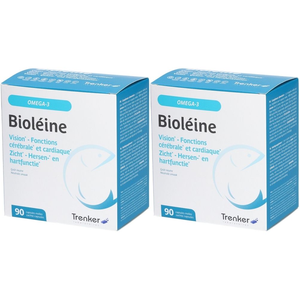 Deux boîtes Bioléine, bleu et blanc. Inscription: Omega-3, Vision, Fonctions, 90 capsules. Marque Trenker.