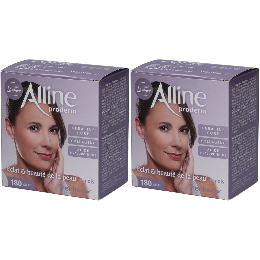 Deux boîtes violettes avec le nom du produit et un portrait de femme. Texte : Keratine Pure, Collagene, Acide Hyaluronique.