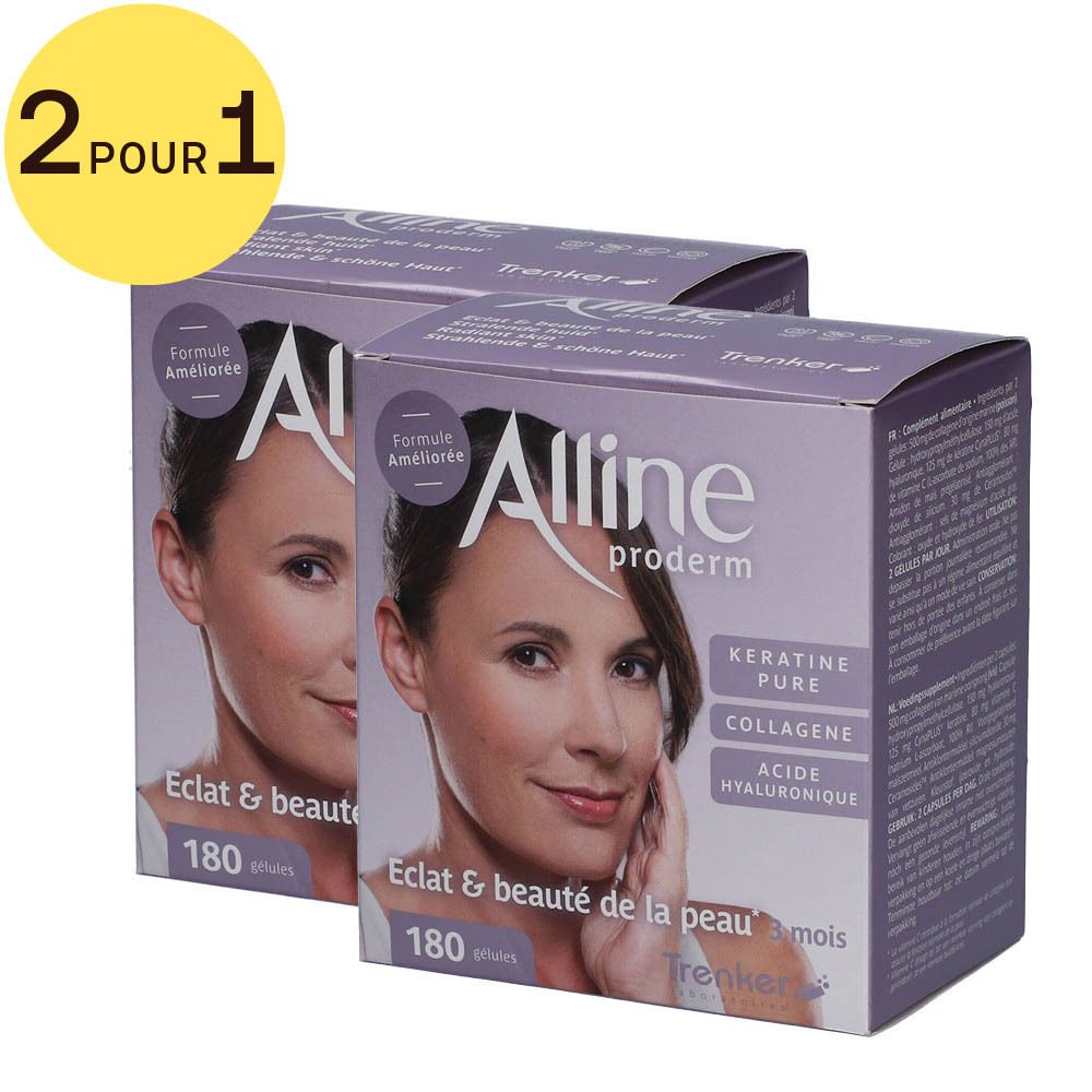 Deux boîtes violettes avec nom du produit et portrait de femme. Cercle jaune avec texte : 2 POUR 1. Texte : Keratine Pure, Collagene, Acide Hyaluronique.