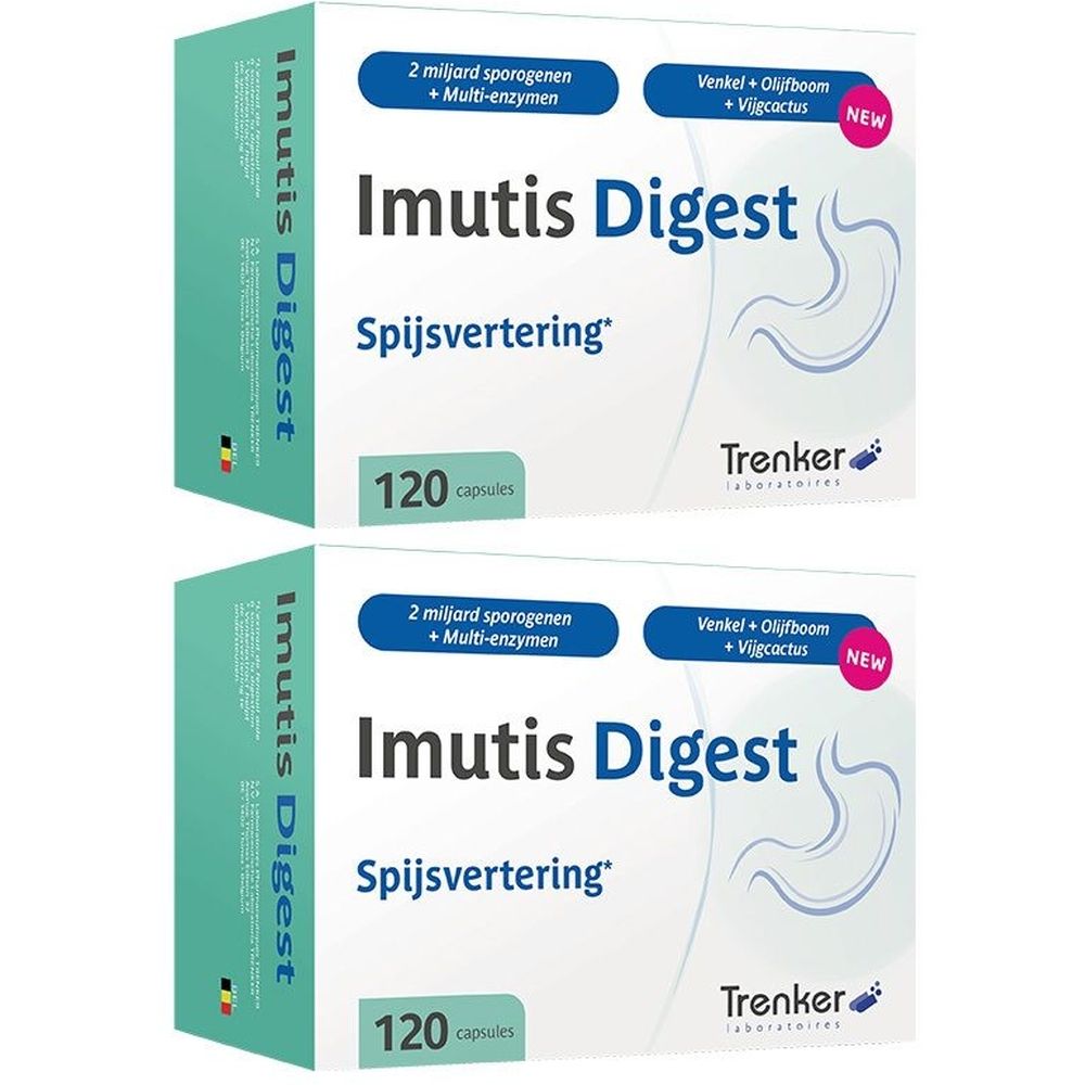 Deux boîtes d'Imutis Digest. Inscription: 120 capsules. Contient 2 milliards de sporogènes et multi-enzymes. Marque Trenker Laboratories.