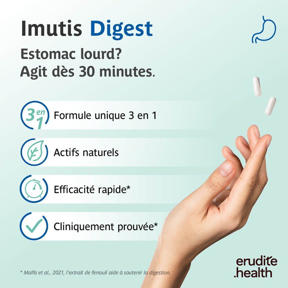 Imutis Digest : Estomac lourd ? Agit dès 30 minutes. Formule 3-en-1, actifs naturels, efficacité rapide.