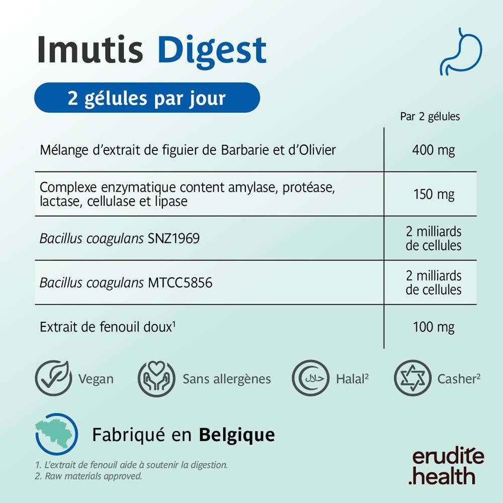 Imutis Digest : Composition par 2 gélules : figuier de barbarie, olivier, complexe enzymatique, probiotiques, fenouil.