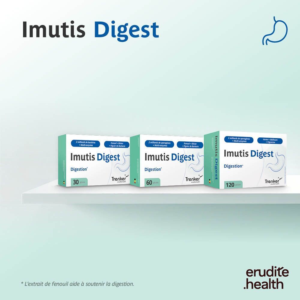 Imutis Digest : Boîtes de 30, 60 et 120 gélules pour la digestion.