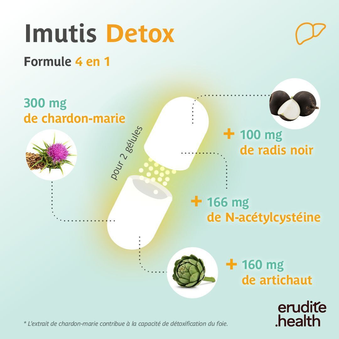 Schéma d'une gélule avec ingrédients : Chardon-marie, radis noir, N-acétylcystéine, artichaut.
