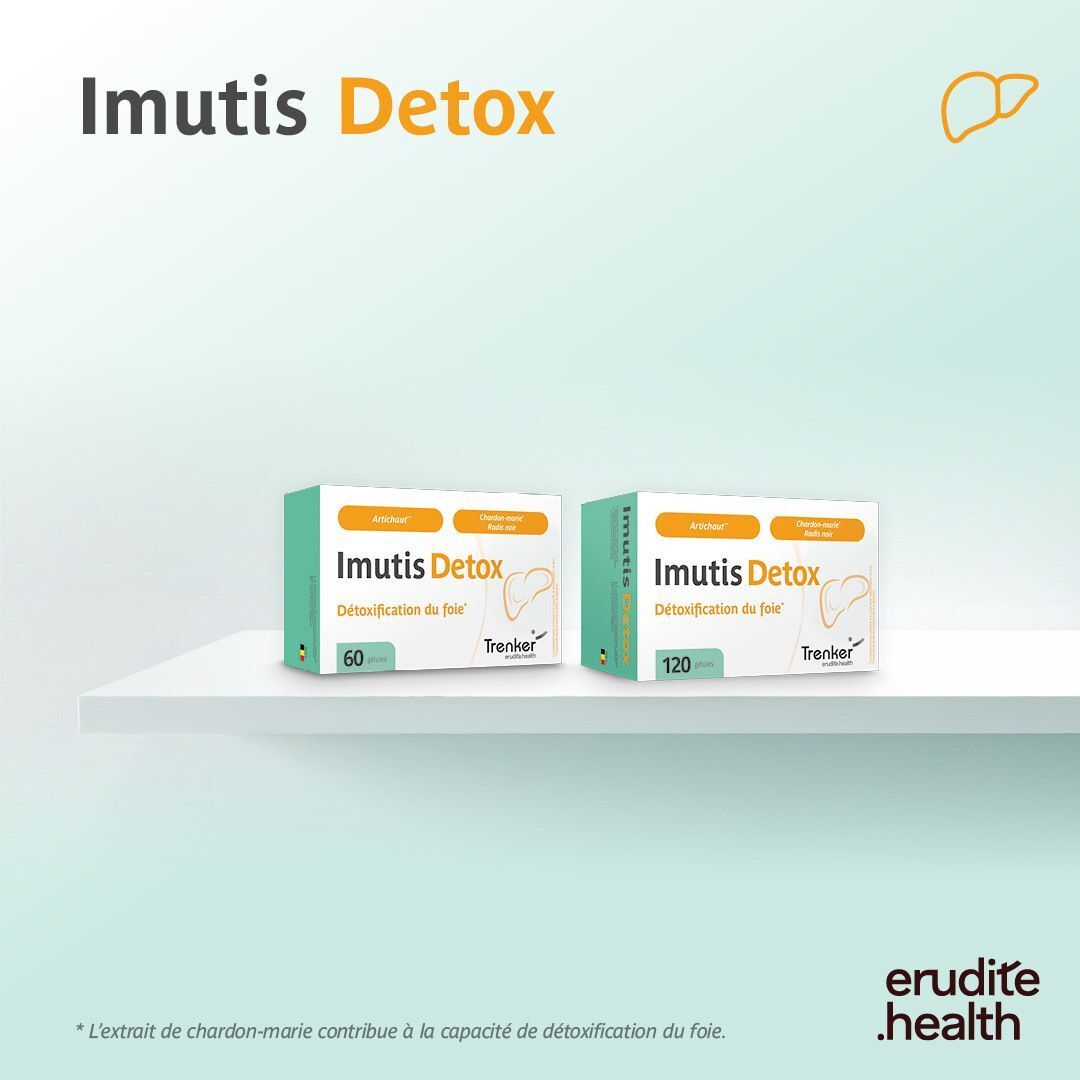 Deux boîtes d'Imutis Detox (60 et 120 gélules) sur une étagère.