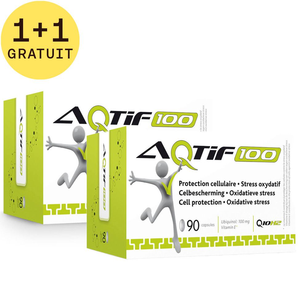 Deux boîtes AQTIF 100 avec l'inscription '1+1 GRATUIT'. Emballage vert et blanc avec illustration d'une personne.