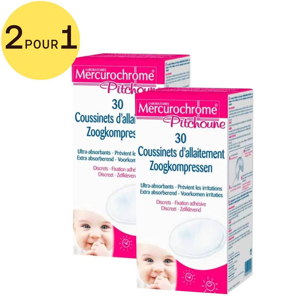 Deux boîtes de coussinets d'allaitement. Emballage rose avec nom du produit et visage de bébé. Marque 2 pour 1.