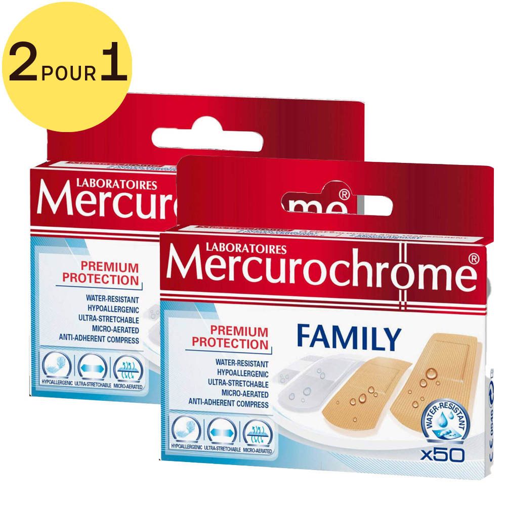 Deux boîtes de pansements Mercurochrome Family. Emballage rouge avec illustration du produit. Inscription: Premium Protection, Family, résistant à l'eau.