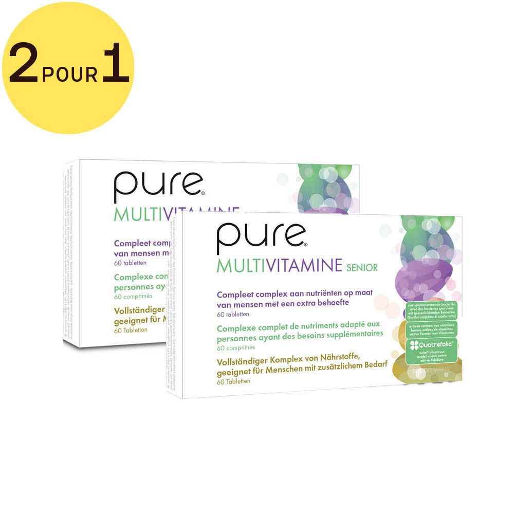 Boîte Pure Multivitamine Senior. Boîte blanche avec nom et texte du produit. Éléments de design vert-violet. 60 comprimés. Cercle jaune '2 pour 1'.