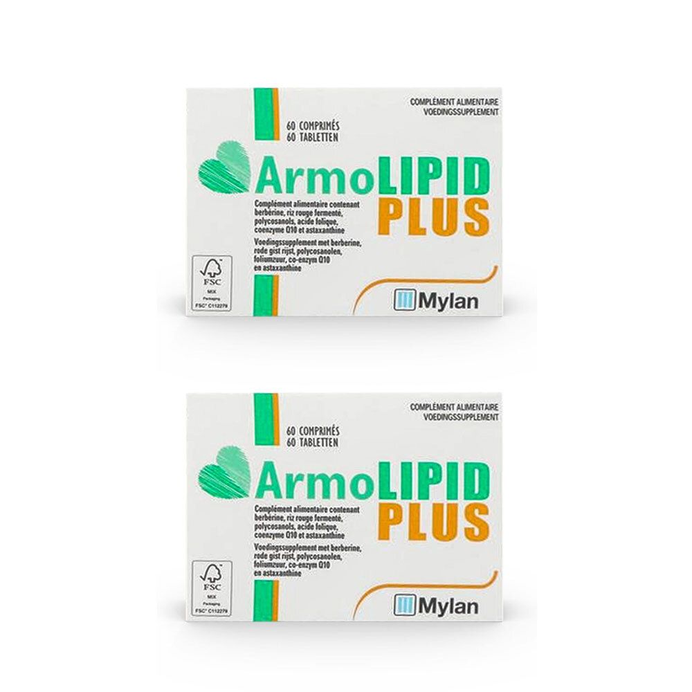 Deux boîtes Armolipid Plus. Emballage blanc avec accents verts et orange. Texte: 60 comprimés, Mylan.